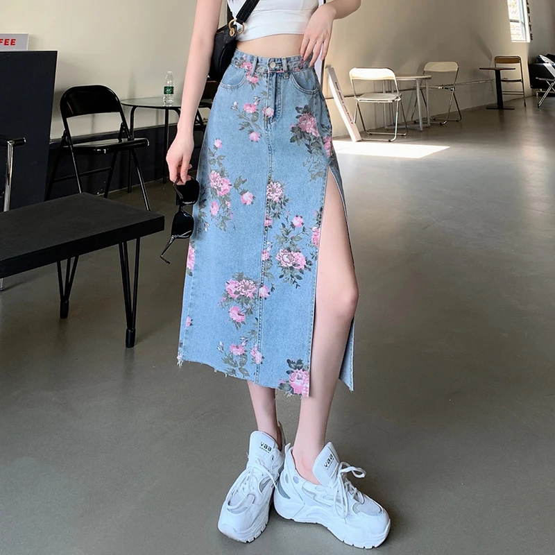 

High Waisted Floral Print Jeans Skirts for Korean Style Womens Casual Clothing Teenage Side Split Design Denim Skirt Streetwear