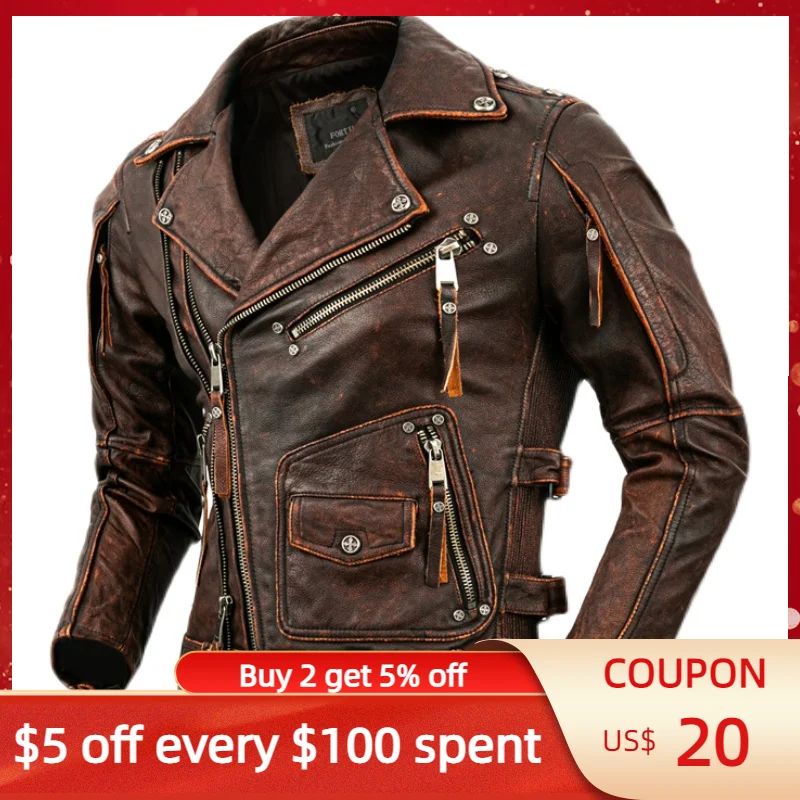 

2022 Vintage Brown Genuine Leather Jacket Men Motocycle Style Plus Size 5XL Real Natural Cowhide Autumn Slim Fit Biker Coat