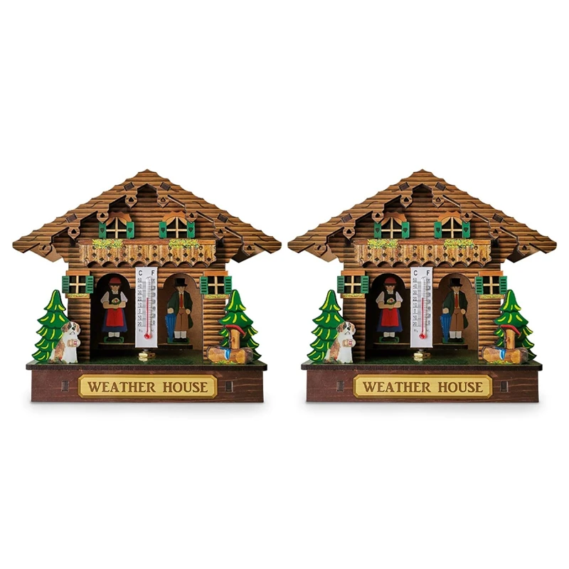 

2X Weather House, Forest Weather House with Man and Woman, Wood Chalet Barometer Thermometer and Hygrometer