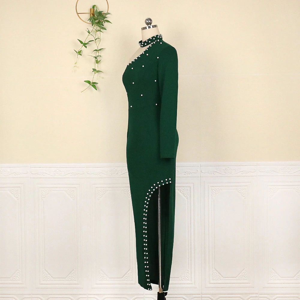 Plus Size Dress Elegant Long Women Sexy One Shoulder Irregular Sleeve Green Beading Bodycon Slit Evening Party Event Outfits