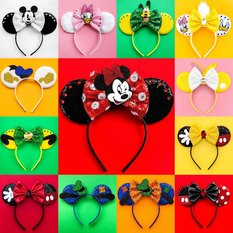 

Disney Mickey Mouse Clubhouse Ears Headband Women Sequins Bow Minnie Hairbands Girls Pluto Hair Accessories Kids Tigger Headwear