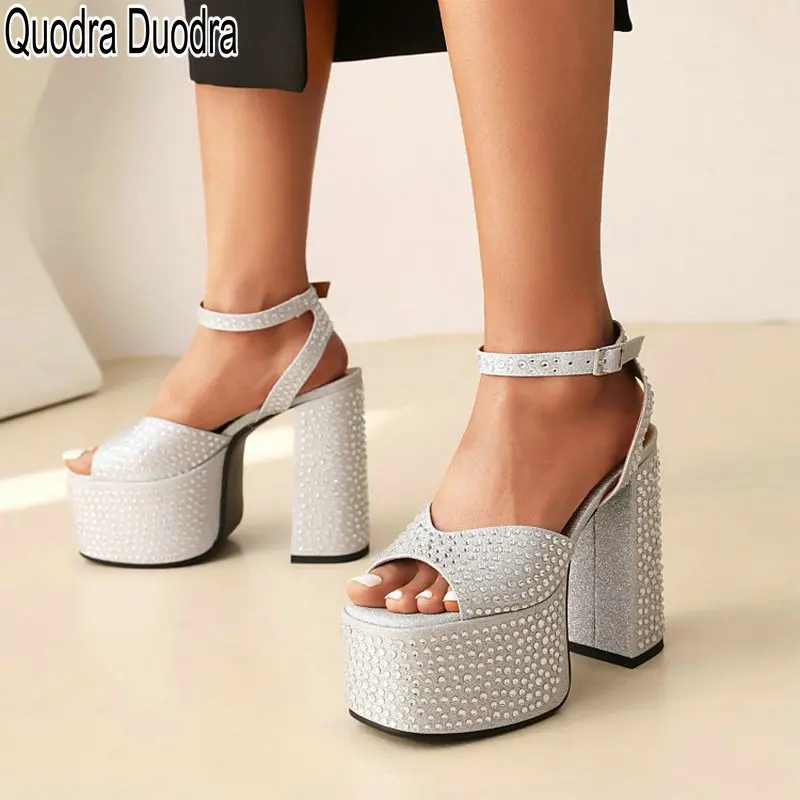 

Women Shoes Sandals Platform Thick High High Heels Party Buckle Fashion Big Size 43 New Sexy Luxury Chunky 14CM Gold Peep Toe