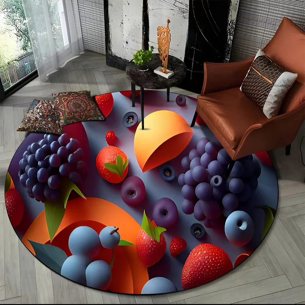 3D Cute Tropical Fruits Cartoon HD Round Carpet Rug for Living Room Bedroom Child Playroom Decor Pet Area Non-slip Floor Mat
