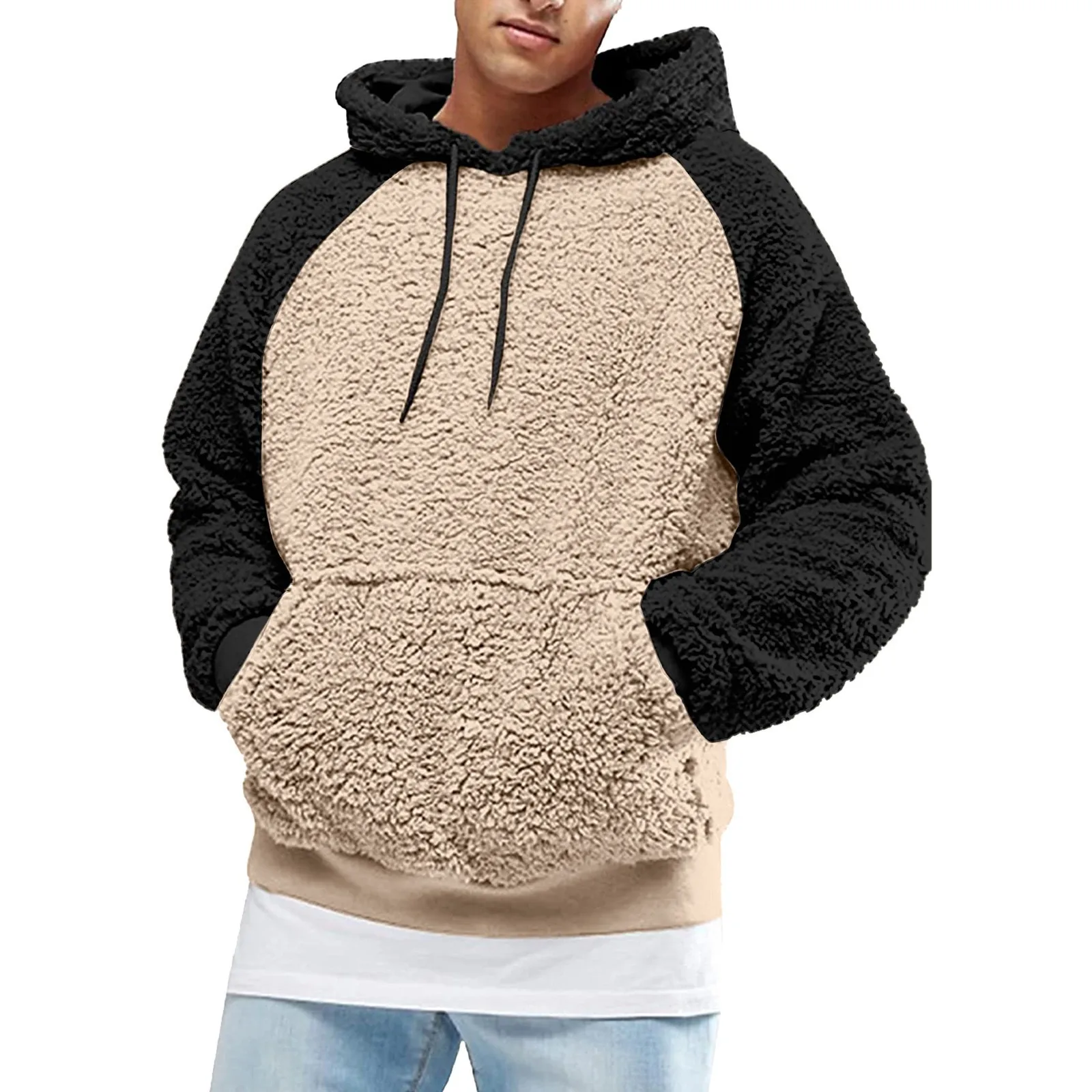 

Autumn Winter Long Sleeve Plush Hoodies Fuzzy Warm Solid Fluffy Hoodies Flannel Pullover Patchwork Loose Hooded Sweatshirts Tops