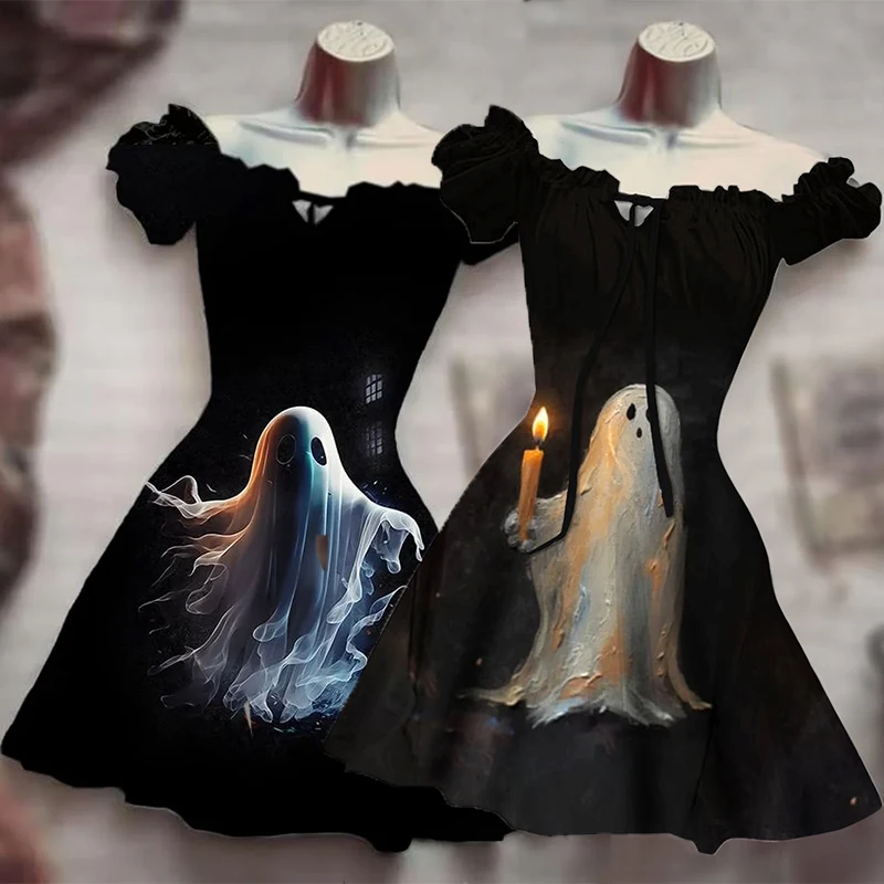 

Gothic Horror Ghost Halloween Pumpkin Black 3D Print Costume Y2K Dress Summer Hot Selling Hawaiian Bohemian Dress Vestido Mujer