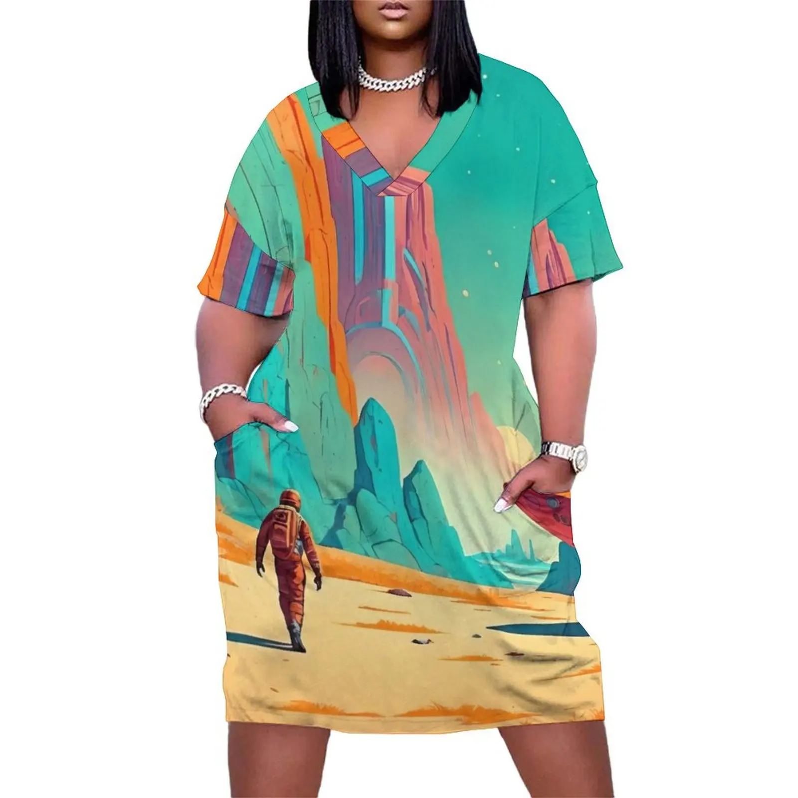 Откройте неизвестное путешествие через космос свободное платье с карманами для