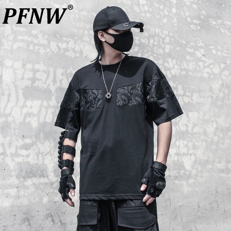

PFNW Summer New Men's Personalized Splice Print T-shirt Fashion Baggy Delicacay Simple Creativity Handsome Leisure Tops 12A9373
