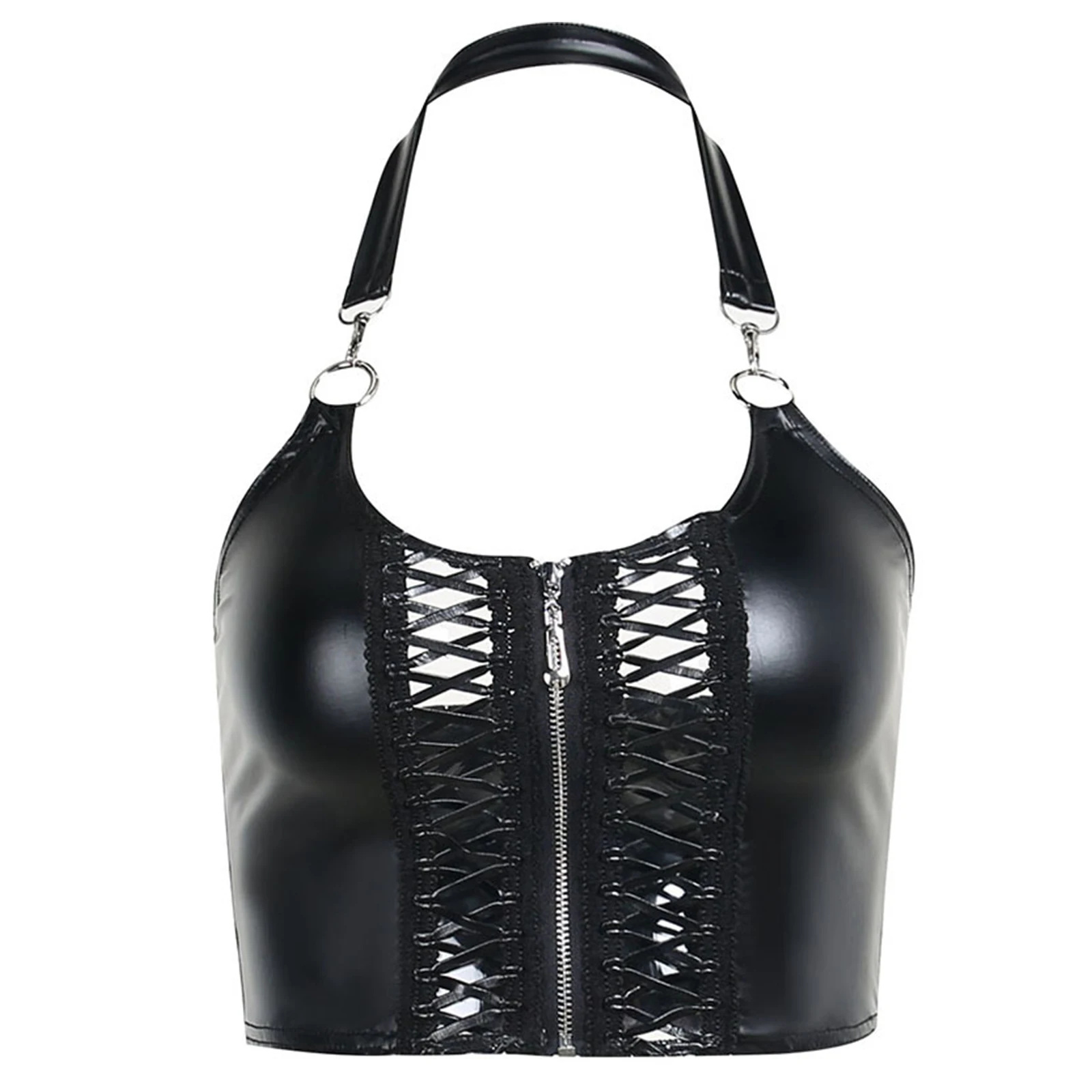 

Womens Hot Fashion Summer Hollow Out Crisscross Camisole Zipper Halter Vest Backless PU Leather Crop Top Clubwear