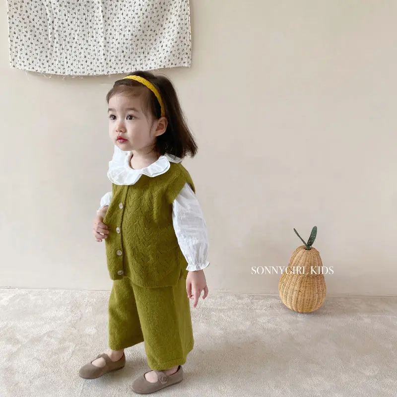 

2022 Children Sets Vest Sleeveless O-neck Collar Single Breasted Shorts Ankle Length Cotton Solid Soft Casual Autumn Girls Kids