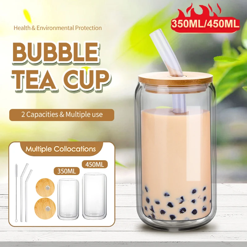 

450ml/350ml Double Wall Glass Cup With Lid and Straw Transparent Bubble Tea Cup Juice Glass Beer Can Milk Mocha Cups Drinkware