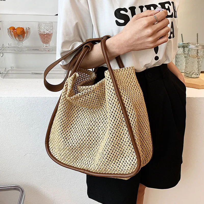 

2 Pieces Summer Straw Bags for Women Small Handmade Beach Bags 2022 Rattan Woven Handbags Travel Shopper Casual Shoulder Bags
