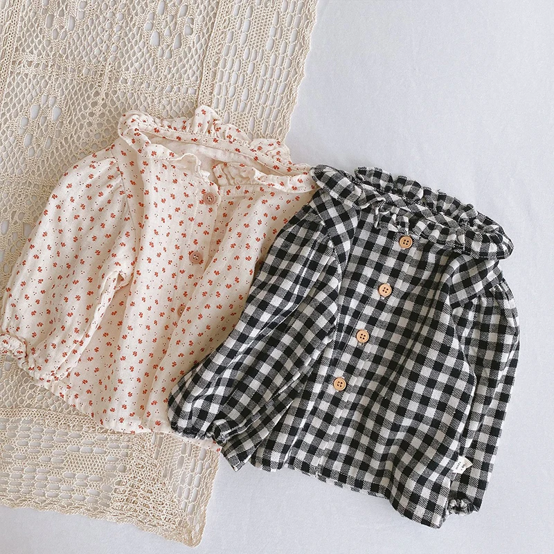 

Spring Autumn Baby Girls Clothes Newborn Baby Girls T-shirt Long Sleeved Cotton Lattice Printing Shirt Kids Tops