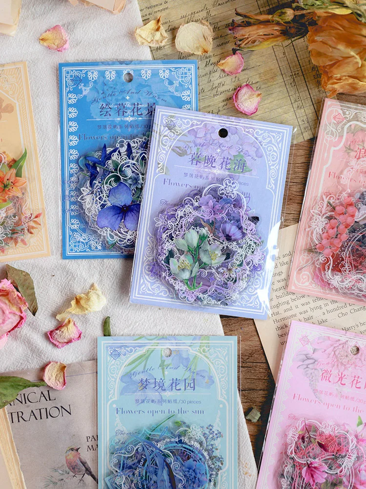 

30PCS PET Stickers Vintage Flower Hand Curtain Decoration Material Stationery Sticker Art Supplies Diary Decorating Sticker Book