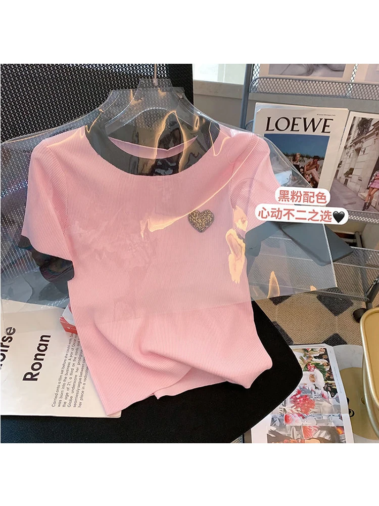 

Summer Women's Cute Love Round Neck Thin Knit Shirt New Ins Fashion Design Top Female Short Sleeve Thin Sweater Female Mujer Top