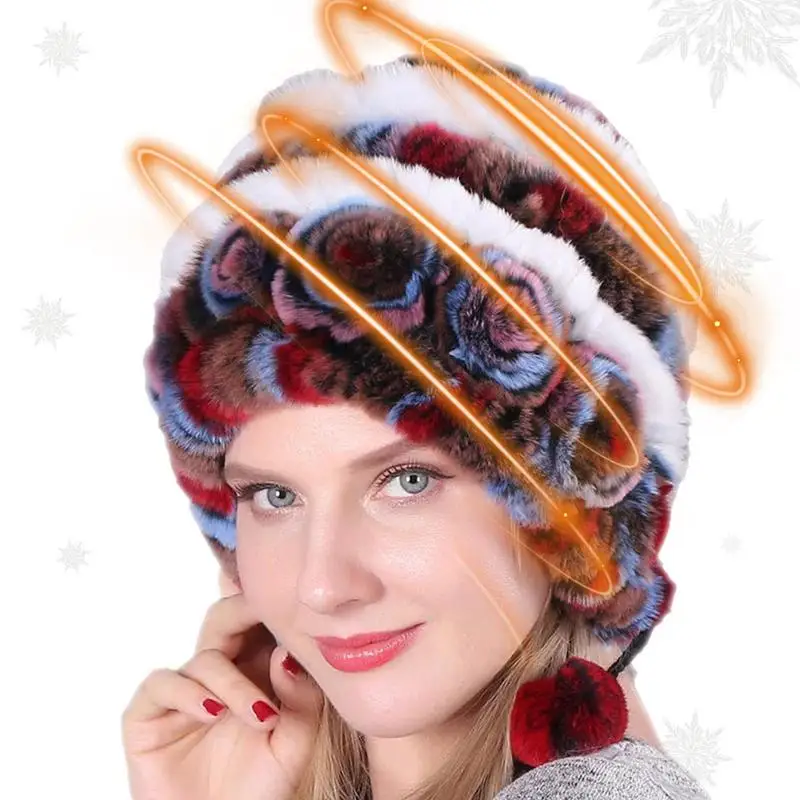 

Fur Hat For Women Faux Fur Russian Hat For Women Fluffy Flowers Striped Knit Fleece Lined With 3 Pom Pom