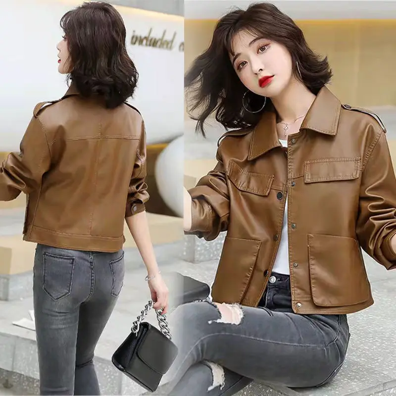Fashion Spring and Autumn Short Solid Color Leather Jacket Women Korean Casual Temperament Stand-up Collar Short Jacket Women