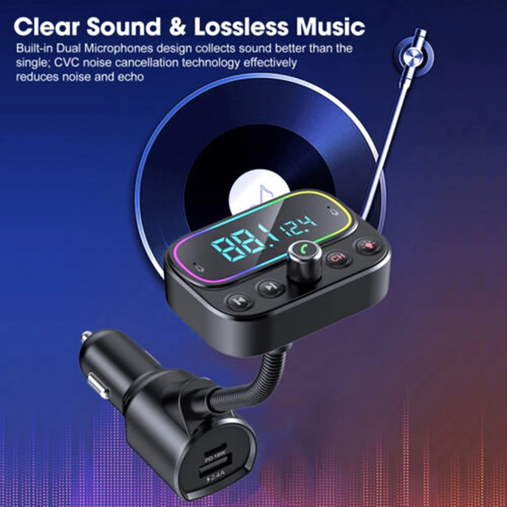

LED Bluetooth 5.0 Wireless FM Transmitter Car AUX Radio Adapter 3 USB PD Charger Clear Sound & Lossless Music 2inch LCD Screen