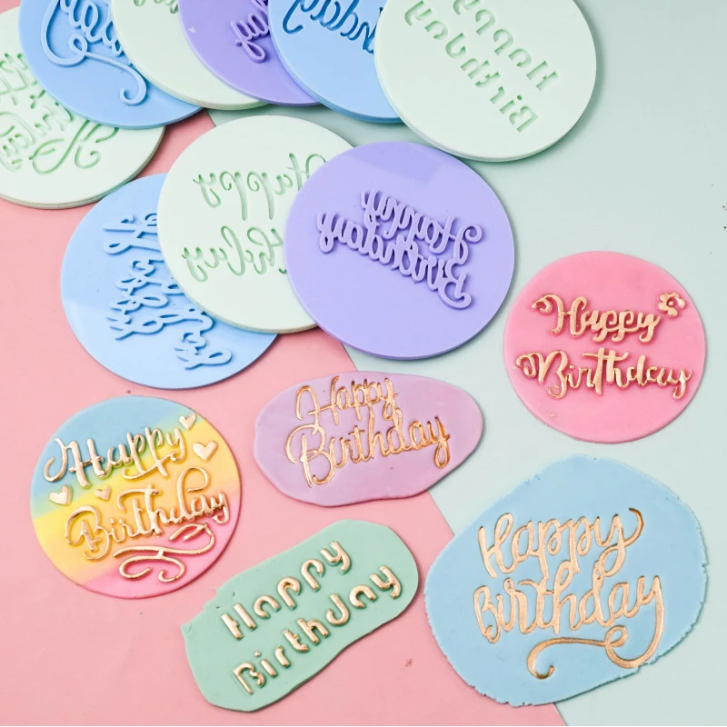

New Happy Birthday Letter Embosser Stamp Cutter Mold Acrylic Cookie Cutter Cake Mold Biscuit Fondant Mould Cake Decoration Tools