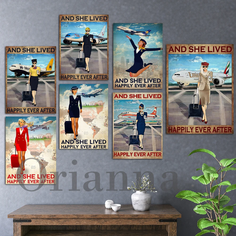 

She Lived Happily Ever After Vintage Decor Wall Art Gift For Flight Attendants Pilot Sky Lover Flight Lover Print Poster