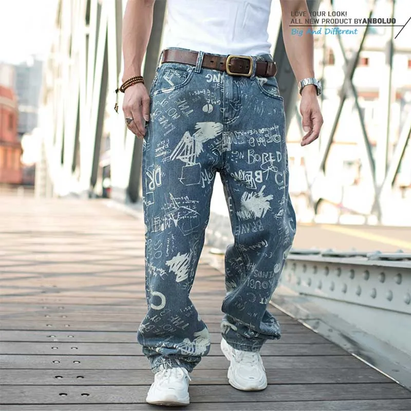 Men Cargo Skateboard Casual Jean Pants Hip Hop Printed Denim Trousers For Male Plus Size 30-46