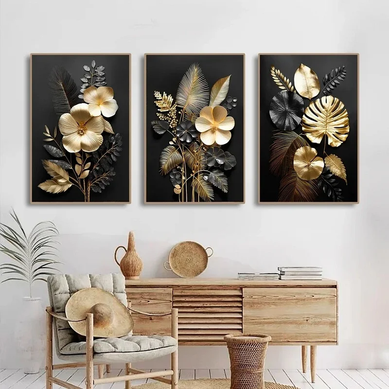 Домашний декор холст живопись черные и золотые листья цветы постер украшение для