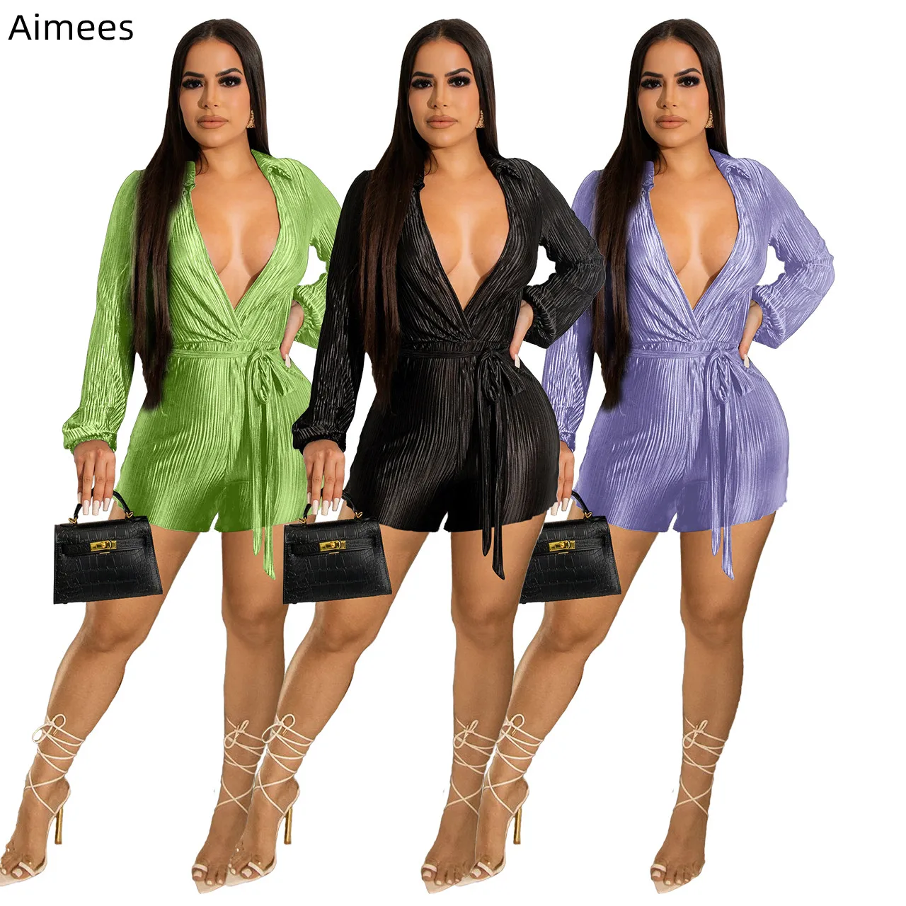 

Sexy Deep V Neck Woman Bodysuit Chic Pleats Long Sleeves Shorts Casual Jumpsuit Autumn Party Rompers with Sash Drop Shipping