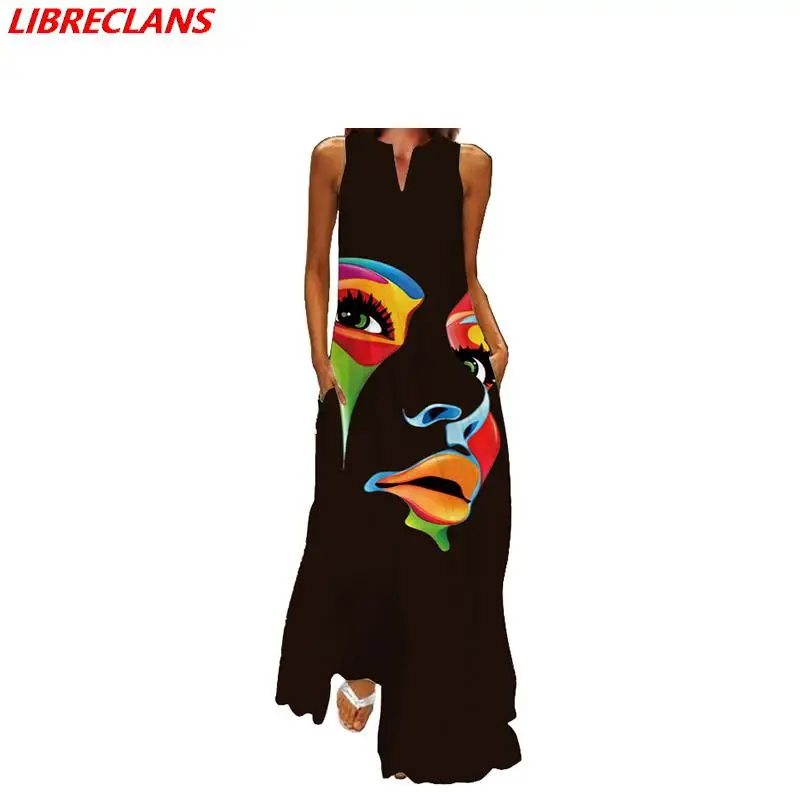 

LIBRECLANS Human Face Print Black Dress 2022 Elegant Casual Vintage Dresses Woman Summer Beach Sleeveless Girls Long Dress Women