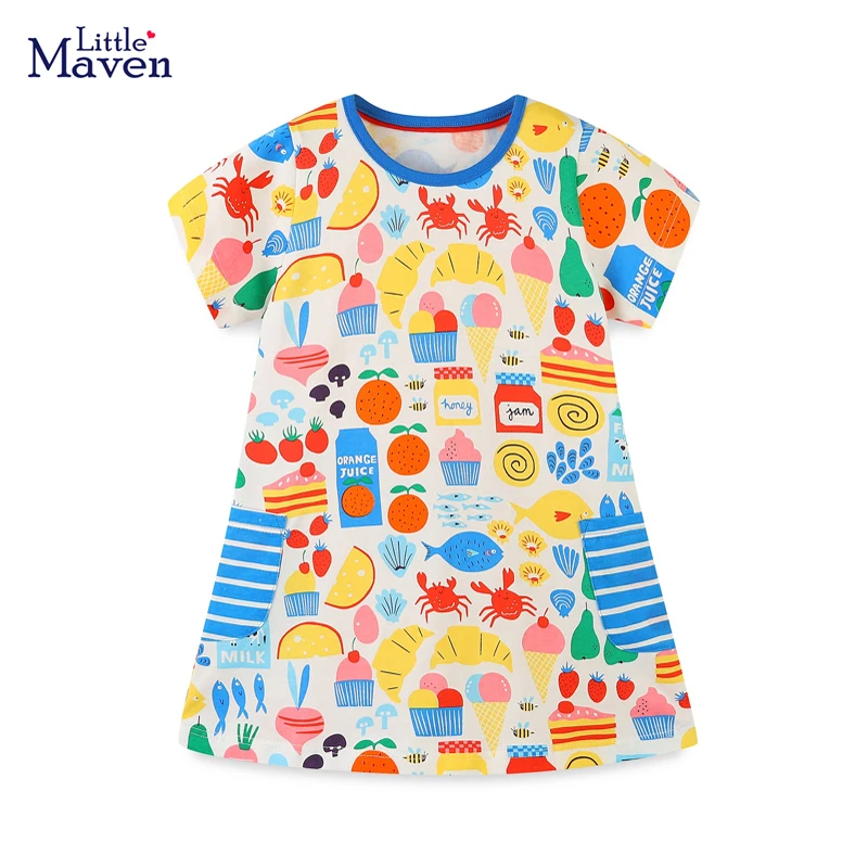 

Little maven Clothing for Babies Girls Short Sleeve Dresses Summer Animal Ocean Print Kids Girls Pocket Dress