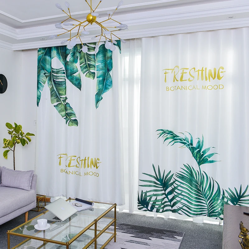 

2021 Window Curtain Living Room Green Leaves Printed Curtains for Bedroom Nordic Drapes Customized Blinds Backdrop Curtain