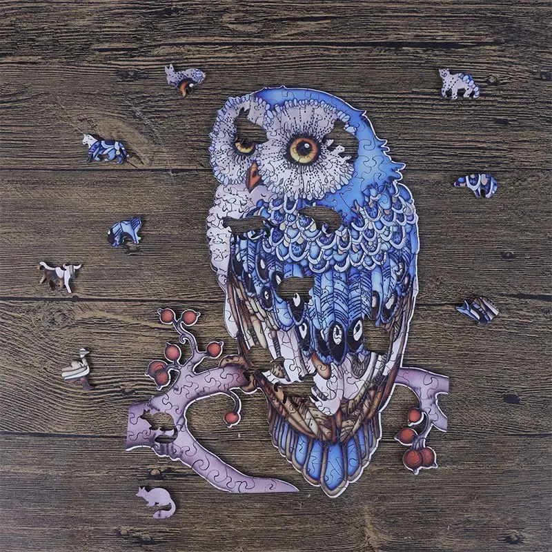 

Decompressed Owl Puzzle Handmade Wooden Irregular Assembly Children Kids Animals Shape Colorful Camouflaged Birthday Gifts 2022