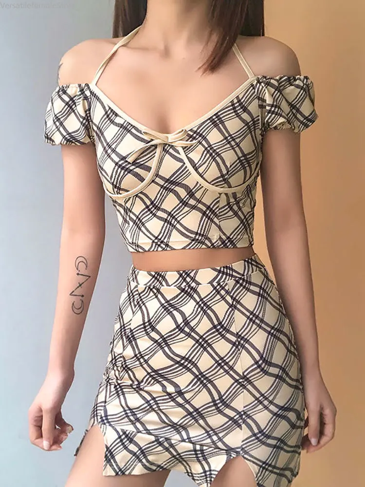 

Plaid Suit Short Skirt Women Sets 2022 Summer Hanging Neck Plaid Tops + High Waist Pleated Skirt Two-piece Clothes Preppy Style