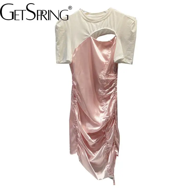 

GetSpring Women Dress 2022 New Puff Sleeve Patchwork Hollow Out Drawstring Irregular Long Summer Dress Wholesale Dropshipping
