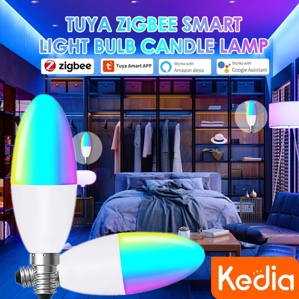 

Умсветильник лампа Kedia TUYA Zigbee, светодиодсветильник лампа с регулируемой яркостью E14, RGBCW, 100-240 В, 5 Вт, с голосовым управлением, работает с Alexa Google Smart Life