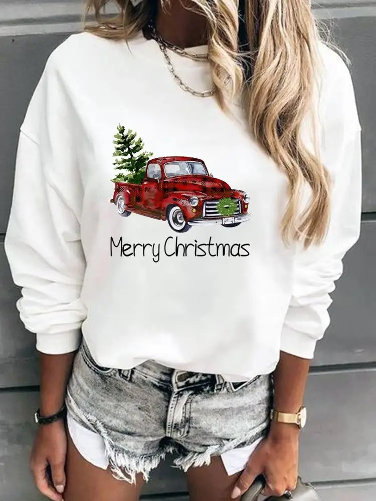 

Merry Christmas Plaid Truck 90s Style Pullovers For Women Happy New Year Fashion Print Female Clothing Graphic Sweatshirts