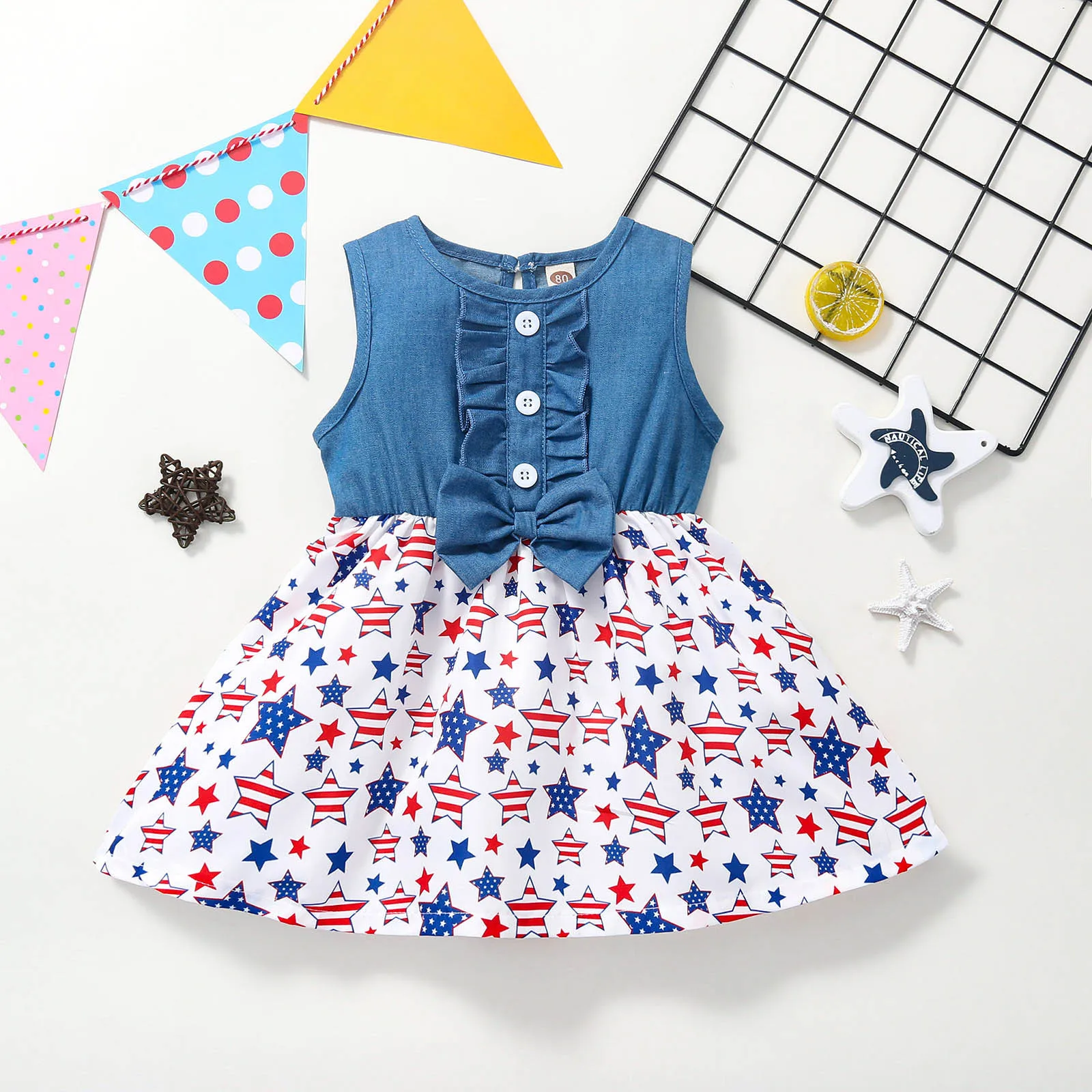 

4th-of-July Dress Denim Princess Stars Splice Baby Striped Girls Toddler Bowknot Girls Dress&Skirt Imported Dresses