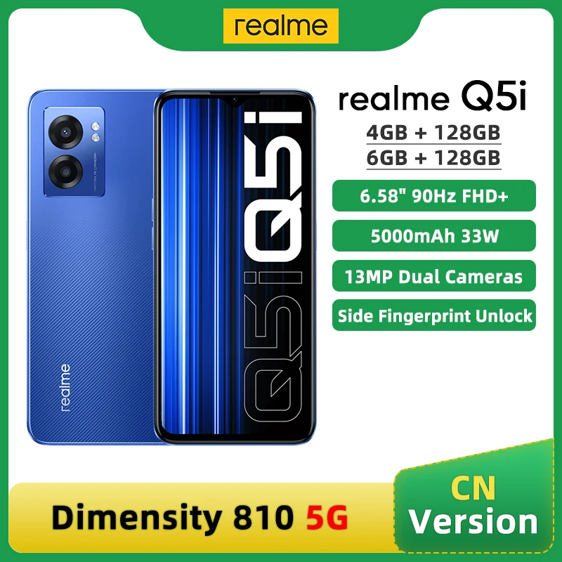 

Оригинал realme Q5i MTK Dimensity 810 5G смартфон 4 ГБ 128 ГБ 13MP двойная камера Дисплей 6,58'' 90 Гц FHD+ Аккумулятор 5000 мАч 33 Вт