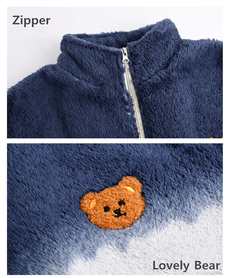 Yasuk Winter Fashion Men Women's Casual Soft Snowflake Velvet Sleepwear Homewear Couple Pajamas With Pants  Gradient Bear Thick