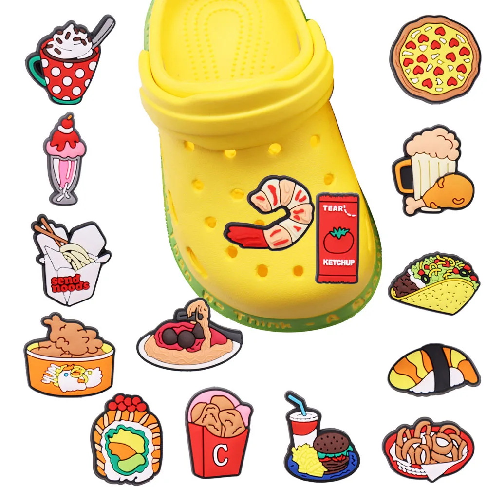 1PCS PVC Cute Cartoon Shoe Charms Kawaii Food Pizza Ketchup Fried Chicken Beer Shrimp Coffee Drinks Burgers Sushi Croc - купить по