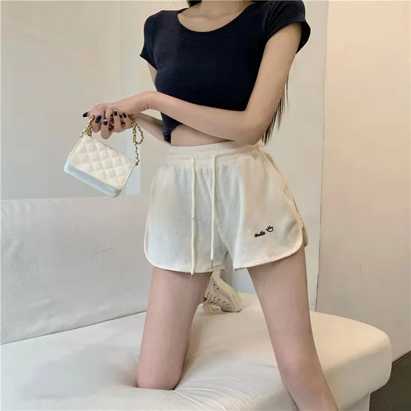Women Waffle Shorts Casual Loose Letter Embroidery Ladies Shorts Korean Fashion All-match Wide Leg Hot Pants Female Sports Short