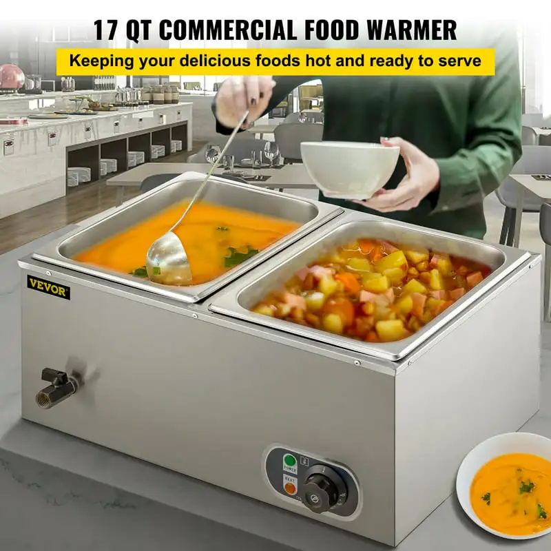 

2-Pan Commercial Food Warmer, 1200W Steam Table 15cm/6 in Deep, Professional Stainless Steel Buffet Bain Marie 22 Quart Capacit