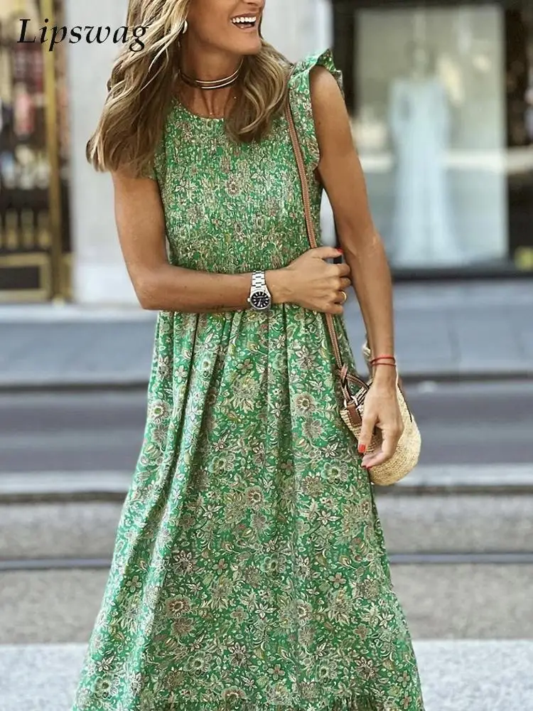 

Women Elegant Print Ruffle Beach Party Dress Retro Loose Green Floral Dress Fashion O Neck Flying Sleeve Casual Boho Long Dress
