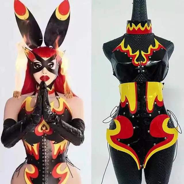 

Скульптурное кожаное боди с эффектом пламени, сексуальные костюмы ГОГО, Женский праздничный женский боди для ночного клуба, бара, ди-Джея, танцевальная одежда