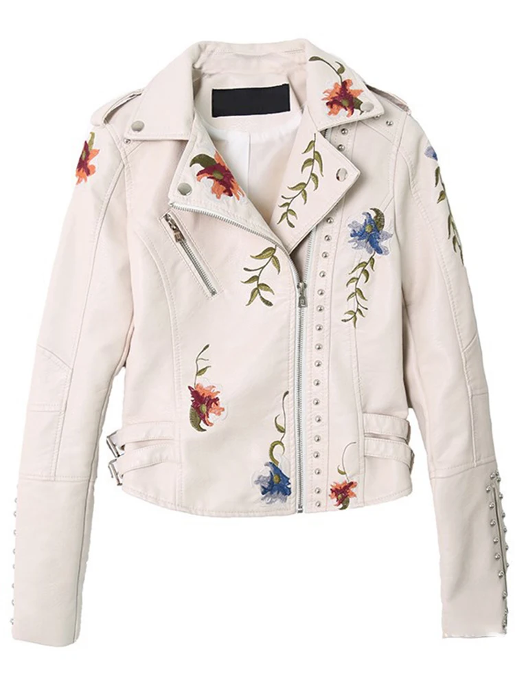 Faux Soft Leather Jacket Women Elegant Floral Print Embroidery Coat Female Punk Zip Rivet Outerwear Casual Pu Motorcycle Jacket