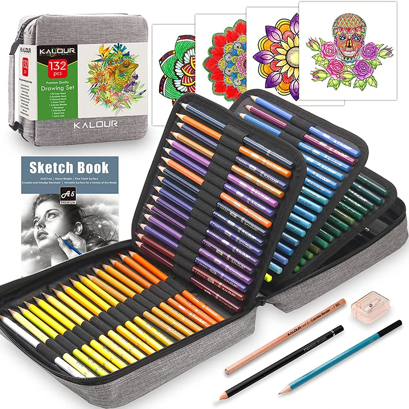 KALOUR 132 Colored Pencils Art Supplies Set Lapices With Adult Coloring Book and Sketch Book Artist Blender Zipper Travel Case