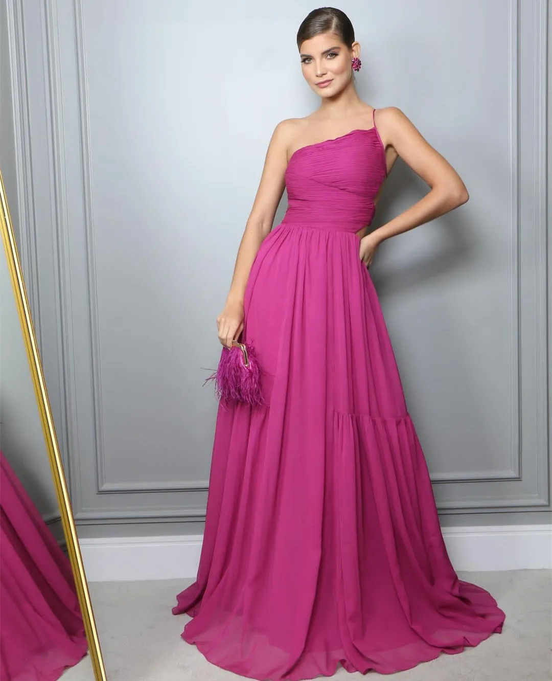 

Женское длинное платье на одно плечо, Розовое Шифоновое ТРАПЕЦИЕВИДНОЕ ПЛАТЬЕ на бретельках, платье для выпускного вечера,