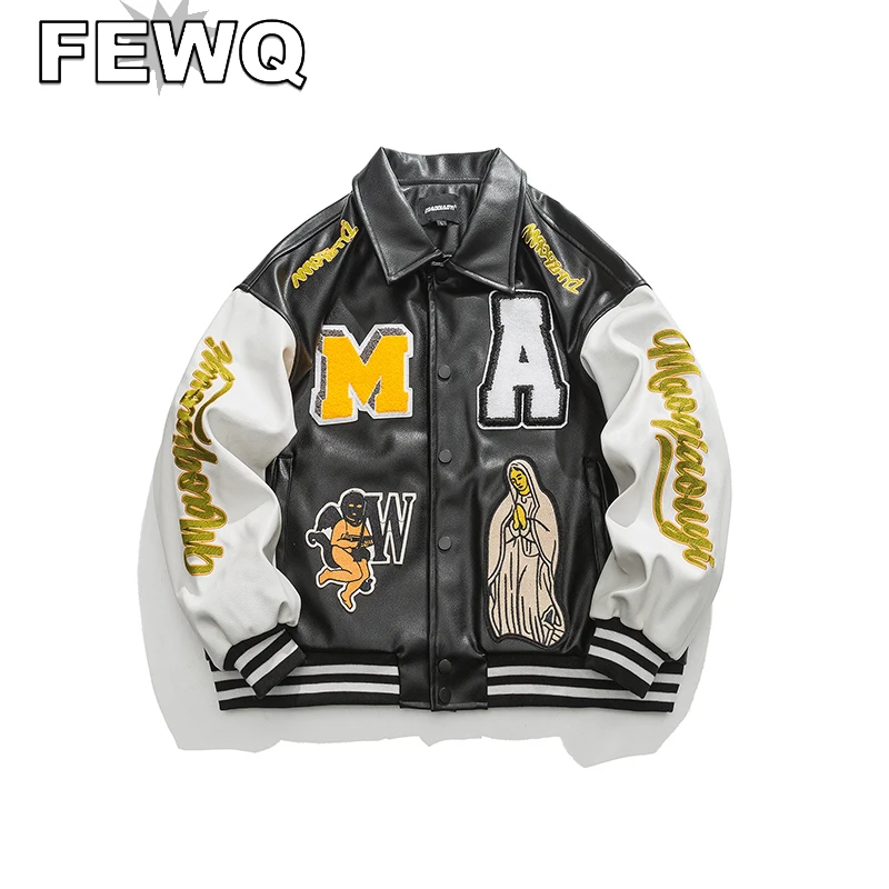 

Куртка FEWQ Y2k мужская с вышивкой, кожаная сращенная Повседневная Верхняя одежда, цветная винтажная одежда с прострочкой, 24B1886, весна 2023
