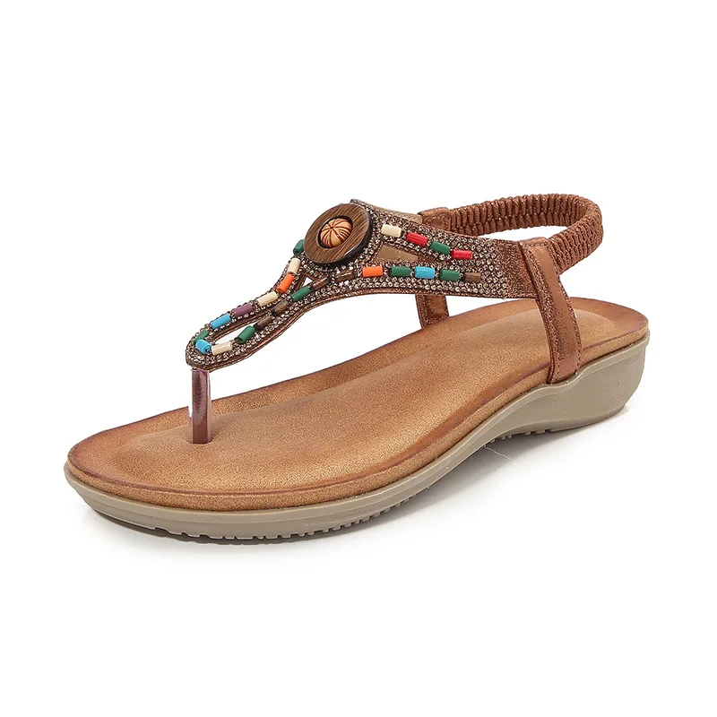 

Qianshuyi Elegant 2024 Summer Camel Beaded Bohemian Toe Post Sandals, Round Toe, 3CM Wedge, Slip-On, Casual Beach, Free Shipping