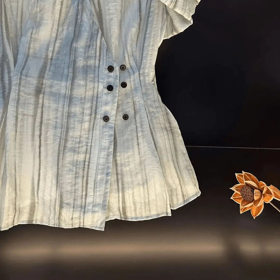 Рубашка с V-образным вырезом и вертикальным рисунком французская Блузка поясом