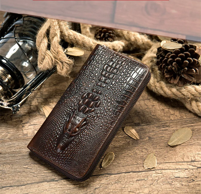 Luxury Genuine Leather Men Long Wallet Crocodile Pattern Business Multi-Card-Slot Clutch Large Capacity Cowhide Wallet