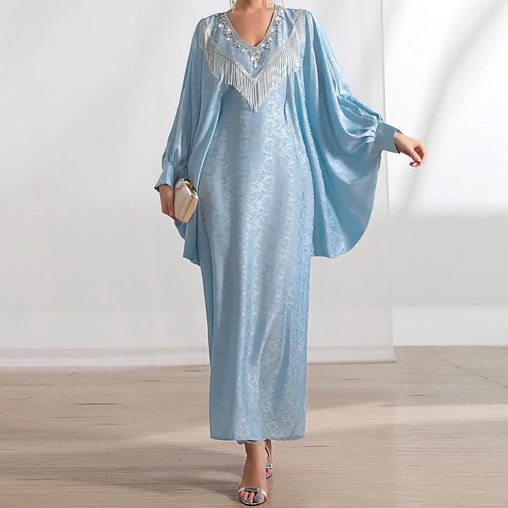 

Eid Ramadan Muslim Women Abaya Batwing Sleeve Islamic Clothes Kaftan Dress Print V-neck Diamonds Tassel Turkey Maxi Robe Vestido